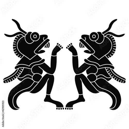 Symmetrical design with two monster locusts. Native American art of Aztec Indians. Animal pre Columbian mythological design from Mexican codex. Black and white silhouette.