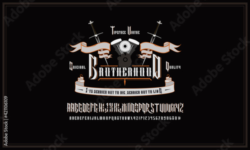 Vintage decorative, gothic font. Lettering design in retro style. Perfect for alcohol labels, logos, album titles of metal bands.