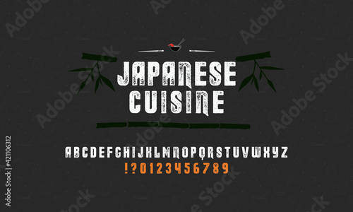 Vector handwritten display font. Japanese style Typeface. Retro ABC. Hand Made Asian Alphabet. English letters and numbers.Logo of Bar or Shop Sushi. Vector Illustration.