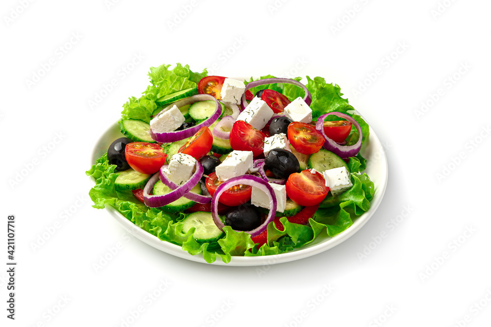 White plate with fresh Greek salad isolated on a white background. White plate with fresh Greek salad isolated on a white background.