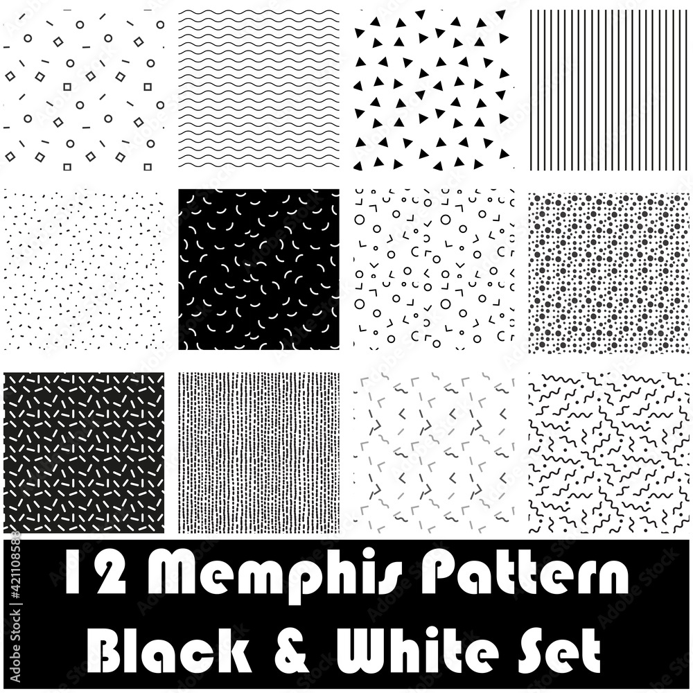 Memphis seamless patterns. Fashion 80-90s. Set of 12 in black and white color Memphis seamless patterns. Fashion 80-90s. Set of 12 in black and white color
