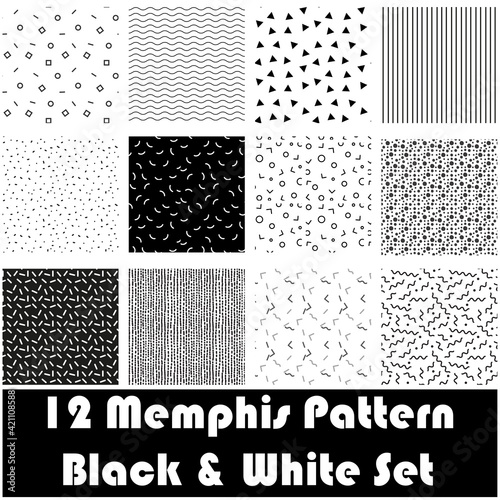 Memphis seamless patterns. Fashion 80-90s. Set of 12 in black and white color