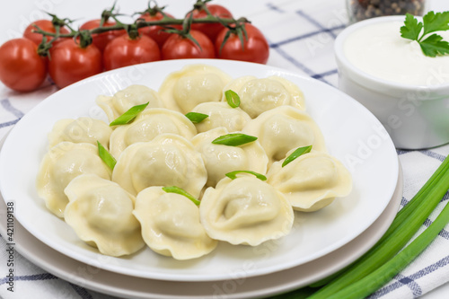 Boiled Russian dumplings on a plate. Served with sour cream, green onions and cherry tomatoes on a checkered napkin.