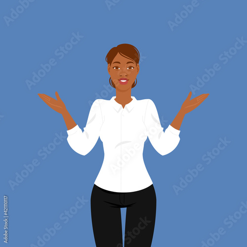 Friendly black woman with strict hairstyle in office clothes throws up his hands in bewilderment and perplexity