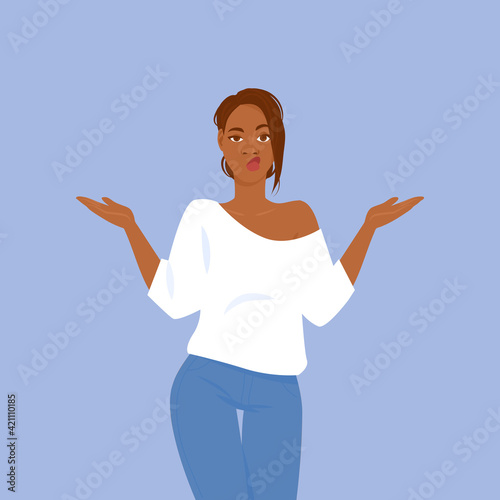 A disgruntled black girl in a blouse and jeans throw up her hands in bewilderment and indignation