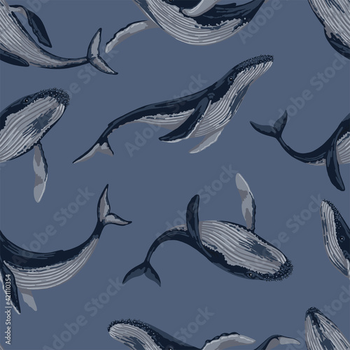Seamless pattern of blue whales. Hand drawn vector illustration. Ocean mammal animal ornament. Beautiful underwater fauna. Colored design for fabric, textile, background, wallpaper, print, decor, wrap