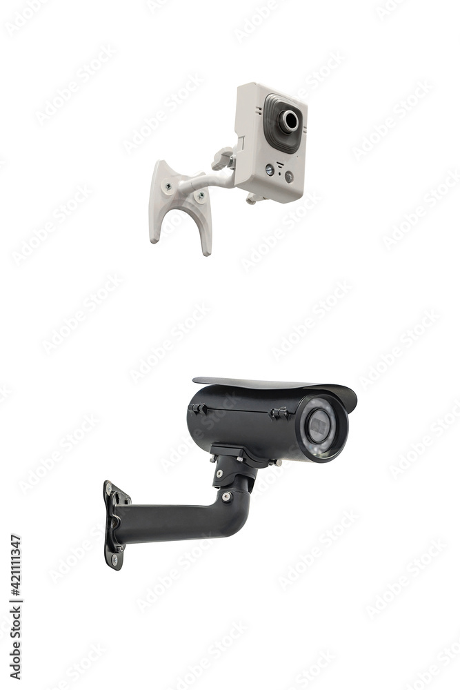 two modern video cameras to track the situation at the object on a white background two modern video cameras to track the situation at the object on a white background