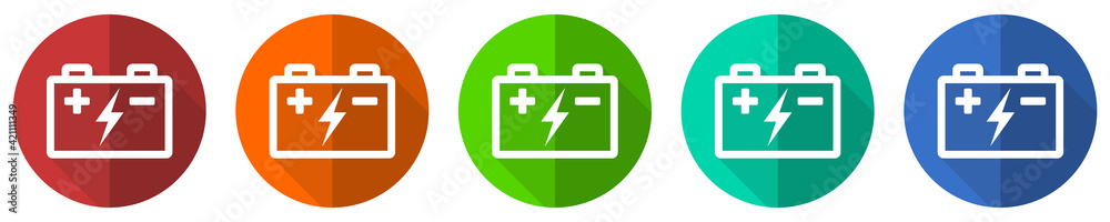 Battery, power storage icon set, flat design vector illustration in 5 colors options for webdesign and mobile applications Battery, power storage icon set, flat design vector illustration in 5 colors options for webdesign and mobile applications