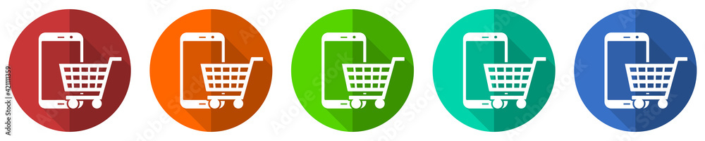 Online shop icon set, flat design vector illustration in 5 colors options for webdesign and mobile applications Online shop icon set, flat design vector illustration in 5 colors options for webdesign and mobile applications