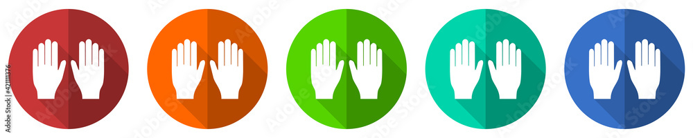 Gloves, hands protection icon set, flat design vector illustration in 5 colors options for webdesign and mobile applications Gloves, hands protection icon set, flat design vector illustration in 5 colors options for webdesign and mobile applications