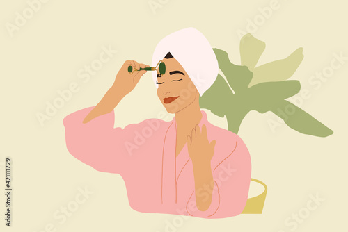 Beautiful woman in pink bathrobe with facial massage roller doing anti-age massage. Beauty routine and wellness. Vector illustration