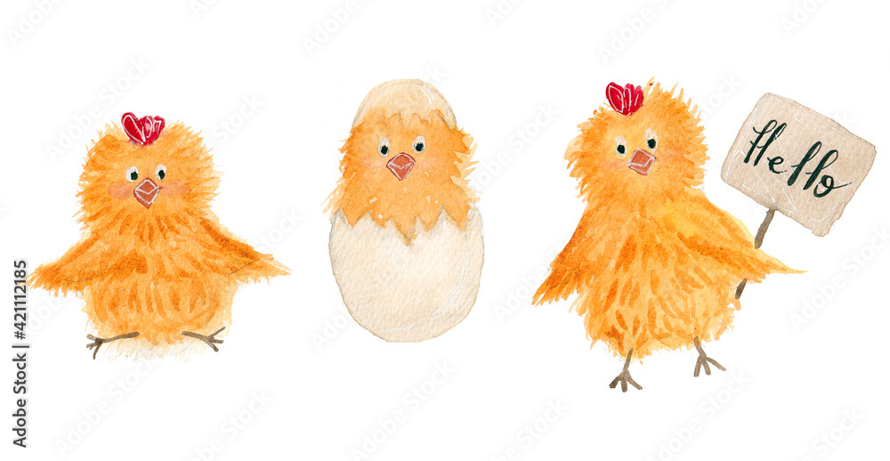 Bright spring set of three different bright chickens, elements are isolated on a white background, chickens for cards, stickers for Easter, birthday, etc.