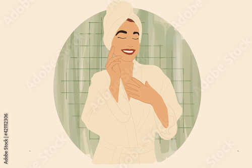 Pretty smiling woman with hydrogel anti-age eye patches on the face. Skincare and wellness routine. Vector Illustration.