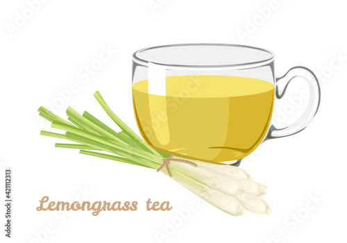 lemongrass tea in glass cup isolated on white background. Vector illustration of herbal drink in cartoon flat style.