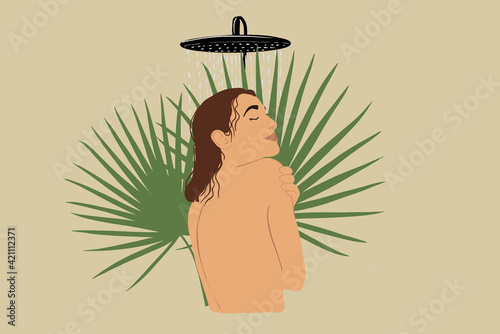 Pretty naked woman with closed eyes relaxing in the bath with palm leafs on background during water flows from the shower. Wellness, SPA concepts. Poster for a shower room. Vector illustration