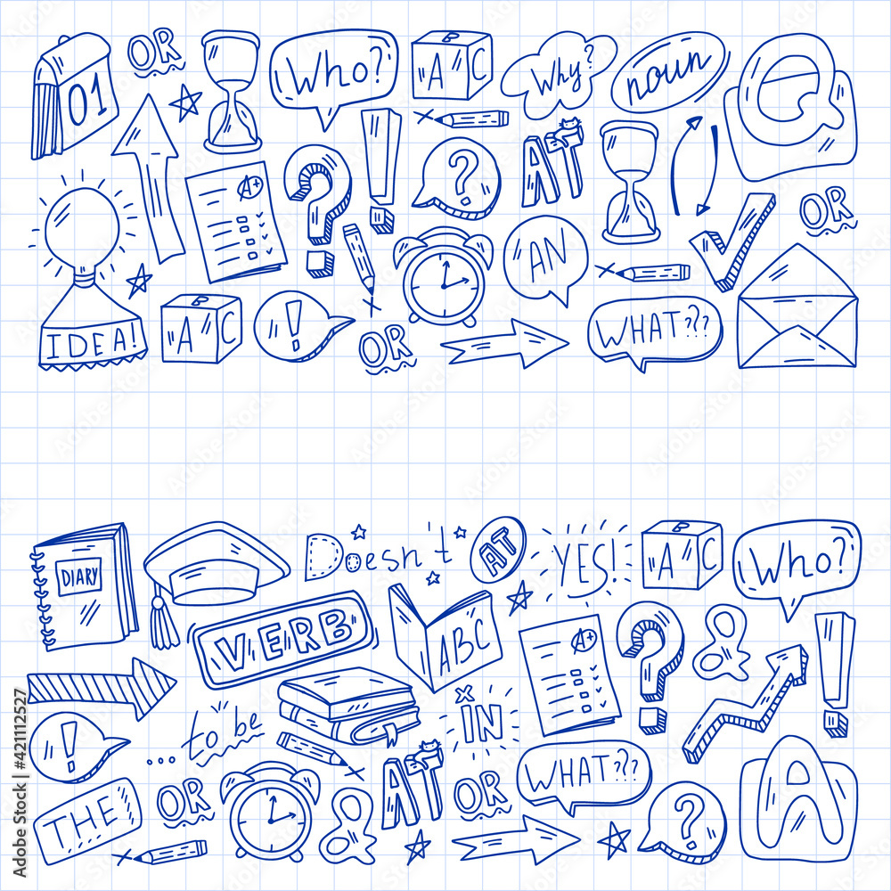 Doodle vector pattern. Illustration of learning English language. E-learning, online education in internet. Doodle vector pattern. Illustration of learning English language. E-learning, online education in internet.