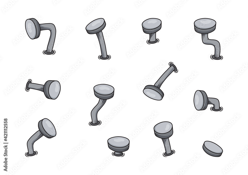 Cartoon iron old nails, steel bent vector spikes, carpentry set, rusty metal pin icon isolated on white background. Construction illustration Cartoon iron old nails, steel bent vector spikes, carpentry set, rusty metal pin icon isolated on white background. Construction illustration