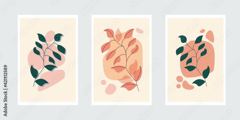 Botanical Wall Art Vector Poster Set. Minimalist Foliage with Abstract Simple Shape.