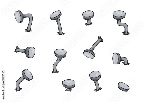 Cartoon iron old nails, steel bent vector spikes, carpentry set, rusty metal pin icon isolated on white background. Construction illustration