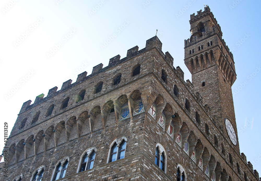 L'esterno di Palazzo Vecchio a Firenze, Toscana.