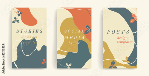 Vector template for social media posts, stories, banners, mobile apps, web, advertising. Design layout with copy space for text, abstract shapes, leaves. Trendy colors, gold, teal, orange, beige