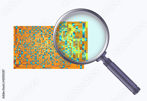 Abstract electronic circuit board through magnifying glass.