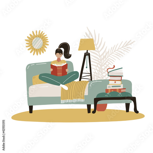 Young Woman reading book in bed. Relaxed girl comfortable sitting on bed with blanket and read. Scandinavian bedroom. Cozy modern home interior. Concept of homeward comfort. Flat vector illustration