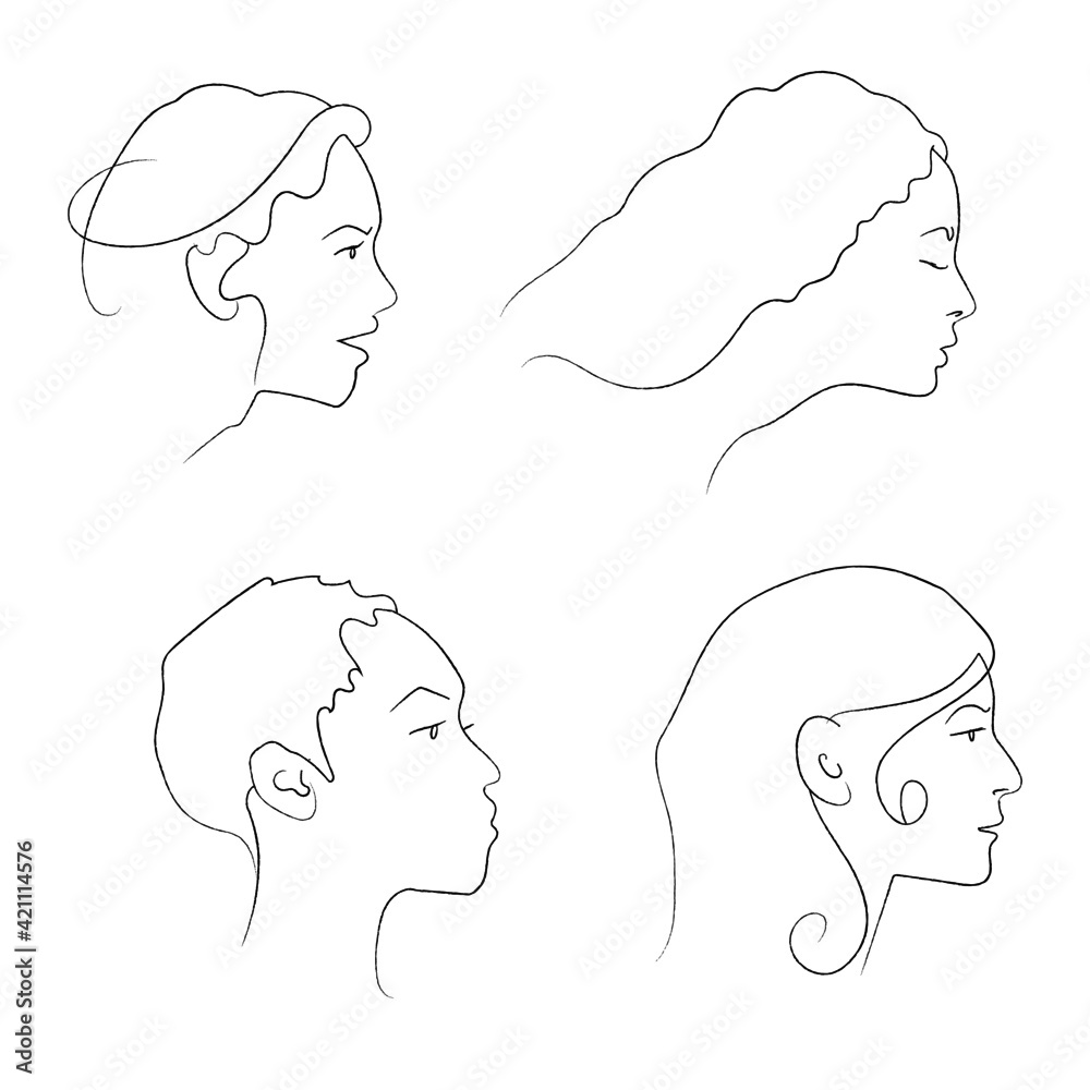 Graphic linear black and white drawing on a white background. Four female profiles. Portrait. Girl says, dreamy girl with closed eyes and long hair, serious girl with short hair, calm girl Graphic linear black and white drawing on a white background. Four female profiles. Portrait. Girl says, dreamy girl with closed eyes and long hair, serious girl with short hair, calm girl