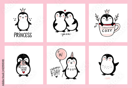 Cute doodle penguin illustrations. Vector animals isolated on white, naive art. Hand drawn penguins character with camera, balloon, princess, in love.