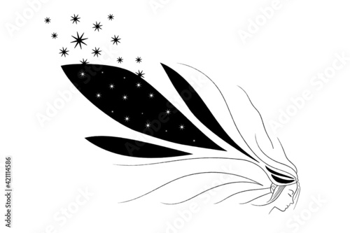 Concept. A girl with closed eyes and long flowing hair. In your hair there are stars or burdock. Linear vector black and white drawing. Portrait of a girl in profile. Dreaminess symbol