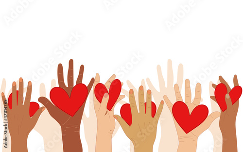Obraz na plátne Volunteers, social workers, ordinary people hold hearts in their palms