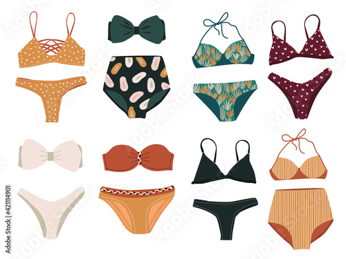 Flat vector cartoon set of stylish swimsuits in various shapes and colors, isolated on a white background. Fashion women's swimwear and bikinis top and bottom.