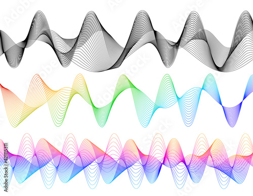 Design elements. Wave of many gray lines. Abstract wavy stripes on white background isolated. Creative line art. Vector illustration EPS 10. Colourful shiny waves with lines created using Blend Tool.