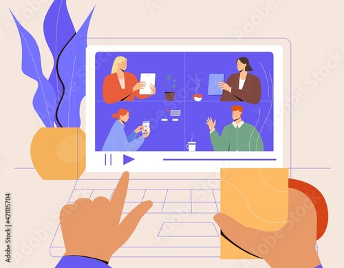 Work from home concept. Laptop screen, workplace. Remote communication on internet. Video conference. Vector illustration in flat style