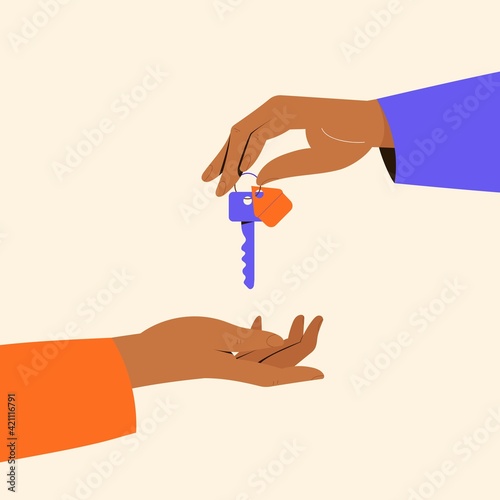 Hands giving keys, vector illustration for real estate concept.