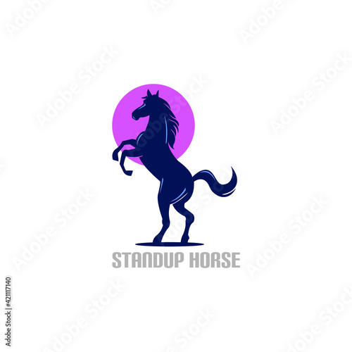 dark blue standup horse and circle logo. silhouette of big and strong horse vector illustrations