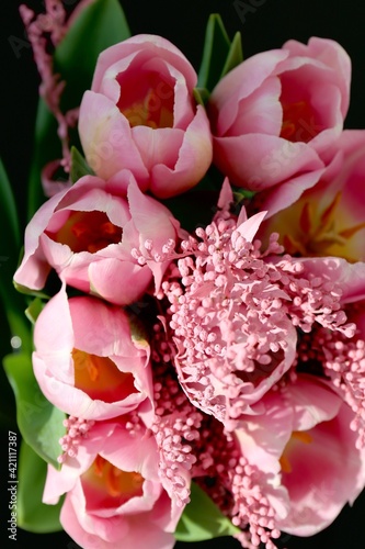 Fototapeta Naklejka Na Ścianę i Meble -  Bouquet of beautiful pink tulips in early spring as a postcard or picture with nice flowers