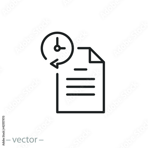 history document icon, list order payment or hour purchase, clock with paper checklist, note information, thin line symbol on white background - editable stroke vector eps10