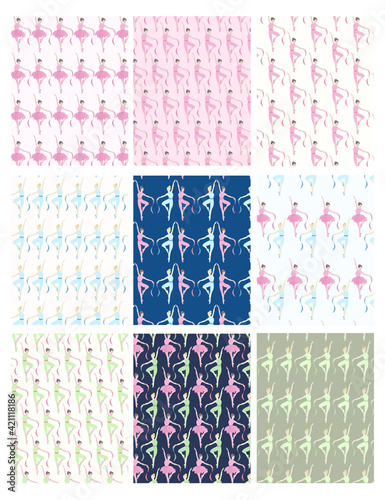 Vector set of dancing ballerinas.Prima in tutu skirt, classical ballet costumes and pointe shoes.Graceful pretty young girl.Cute cartoon style vector isolated, white background.Various poses
