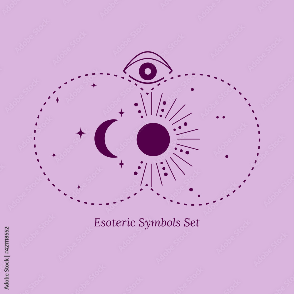 Set of esoteric, magical symbols. Opening of third eye, influence of nature, stars, planets, Sun, phases of Moon. Vector drawing in outline style for design of tarot cards, social networks, webgroups. Set of esoteric, magical symbols. Opening of third eye, influence of nature, stars, planets, Sun, phases of Moon. Vector drawing in outline style for design of tarot cards, social networks, webgroups.