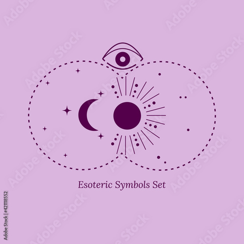 Set of esoteric, magical symbols. Opening of third eye, influence of nature, stars, planets, Sun, phases of Moon. Vector drawing in outline style for design of tarot cards, social networks, webgroups.