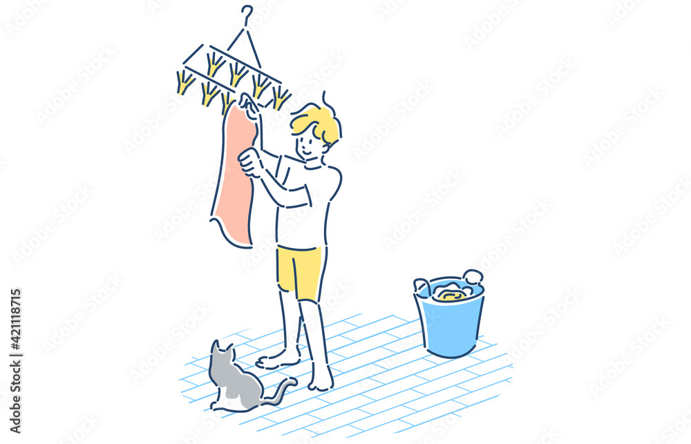 家事をする人物 男性 洗濯物干し イラスト Stock Illustration Adobe Stock