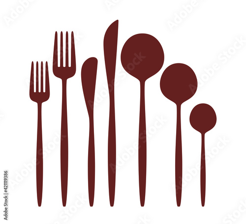 Cutlery set of seven pieces, forks, spoons and knives. Tableware icons isolated on transparent background