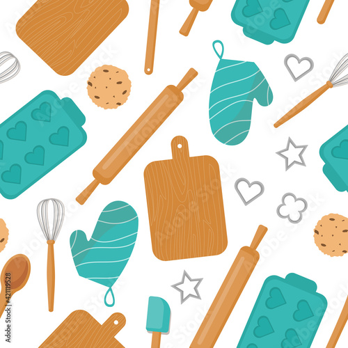 A pattern with baking items. Vector illustration with stylish tableware and baking elements. Perfect for packaging a candy store or advertising courses for cooking