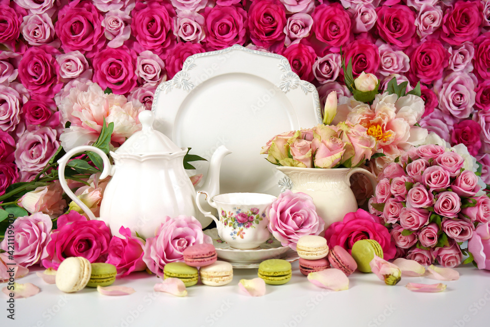 Fotka „Flower wall aesthetic Mother s Day Valentine wedding high tea  setting.“ ze služby Stock | Adobe Stock