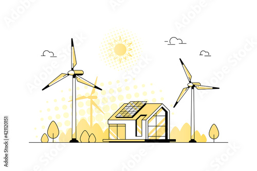 Modern House with Solar Panels and wind Turbines.
