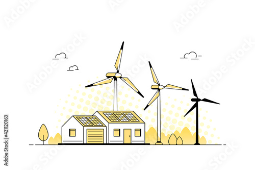 Modern House with Solar Panels and wind Turbines.