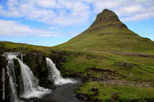 Kirkjufell mountain and Kirkjufellsfoss waterfall  Snaefellsnes peninsula  Iceland