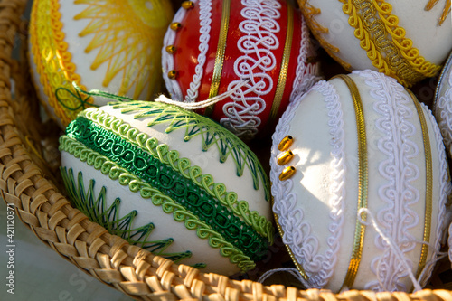 PRAGUE, CZECH REPUBLIC. On April 19, 2019. Colorful painted Easter eggs sold on the traditional market.Old Town Square . Traditional Easter Bazaar. Happy Easter. photo