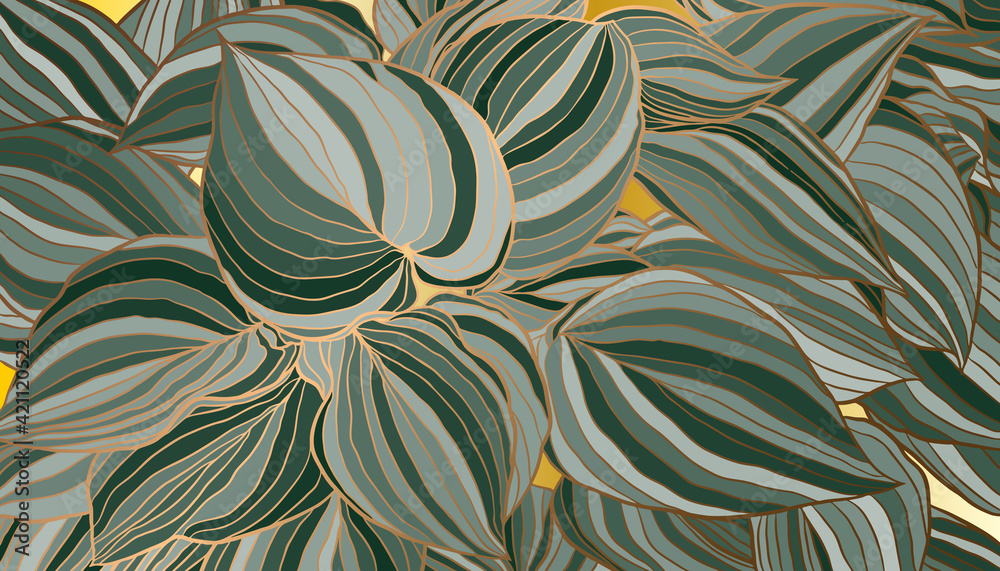 Striped white green and copper metallic leaves hand drawn background vector. Luxury art deco wallpaper design for print, poster, cover, banner, fabric, wrapping.